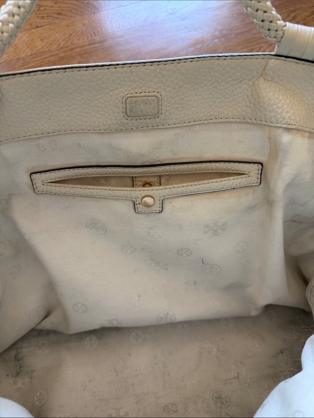 Tory Burch Ivory Pebbled Leather Braided-Handle Tote - Picture 8 of 10